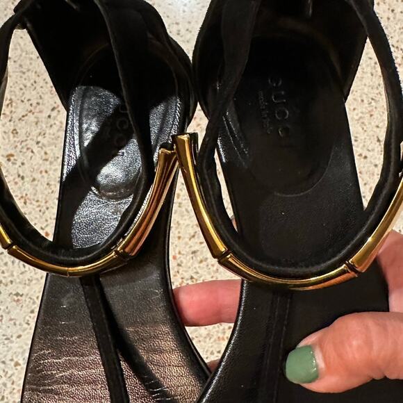 Gucci Coraline Nero Black Suede Thong T strap flats gold bamboo 2014 size 35.5 - Picture 12 of 15